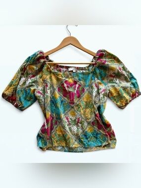 LOFT Tropical Patchwork Blouse Palm Tree Square Neck Puff Sleeve Size Small